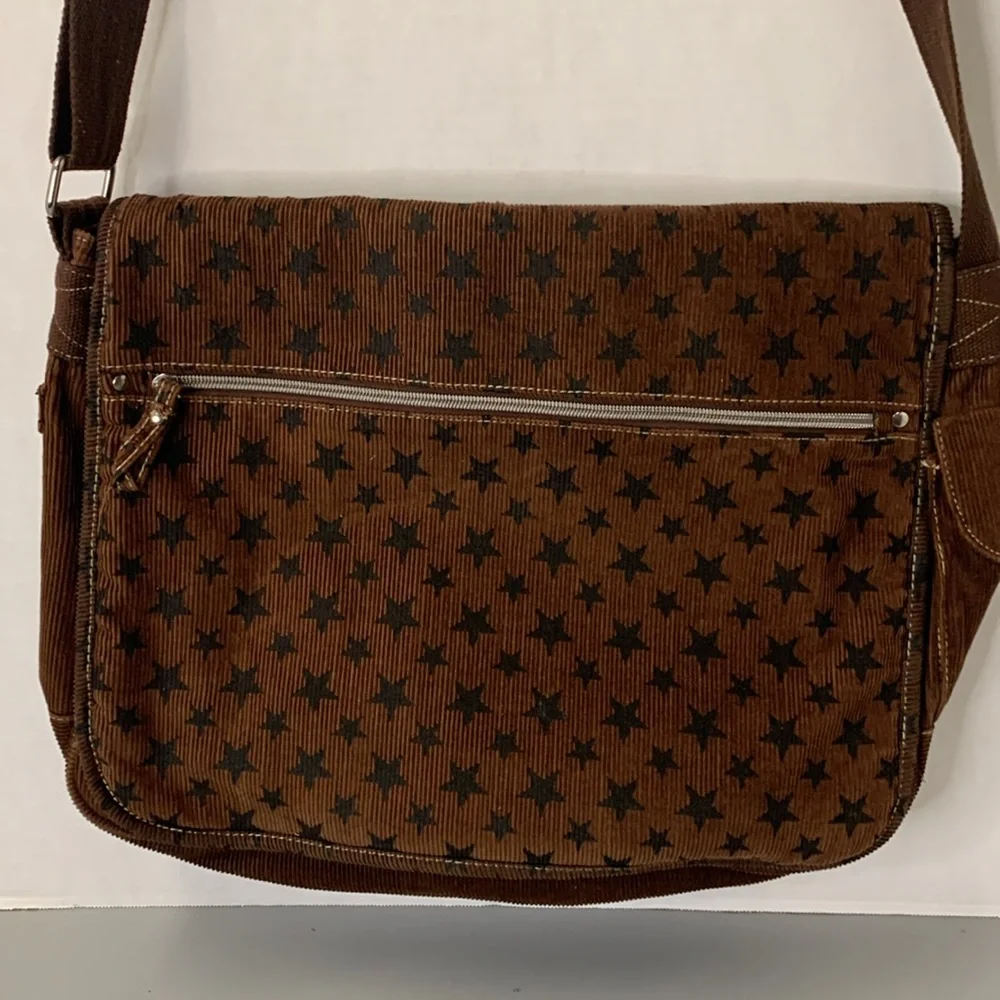 BONGO Brown Corduroy Star Pattern Messenger Bag adjustable strap